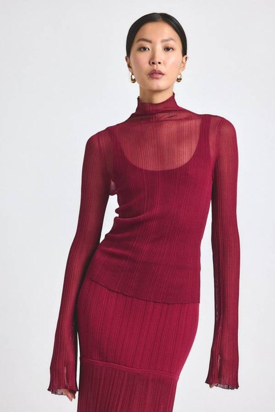 Derek Lam 10  Isolde Sheer Knit Top in Carmine M